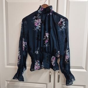 Kaii Shear Teal Dark Floral Romantic Blouse size L Whimsigoth Festival